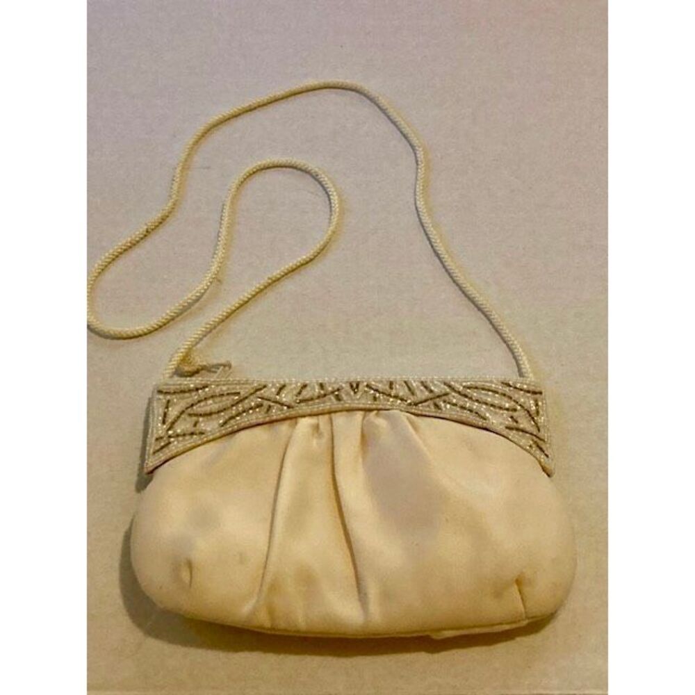 Vintage GENIE Cream Beaded Evening Bag Purse w/ Handle Made in Korea Statement